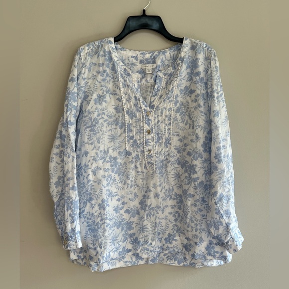 J. Jill Love Linen Pintuck Popover Blue and White Floral Tunic Blouse, MP - Picture 2 of 10
